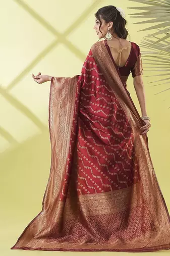 Maroon pure silk woven zari work saree with blouse