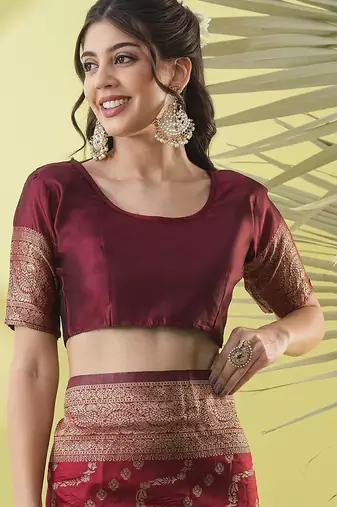 Maroon pure silk woven zari work saree with blouse