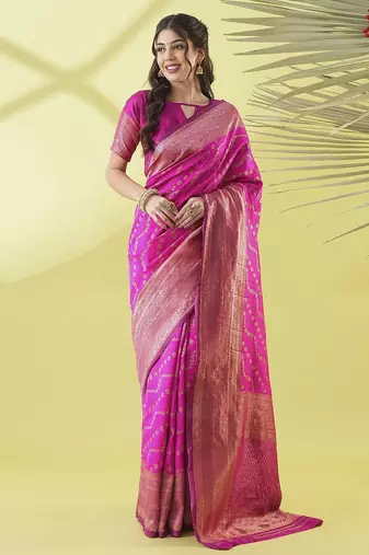 Pink pure silk woven zari work saree with blouse