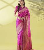 Pink pure silk woven zari work saree with blouse
