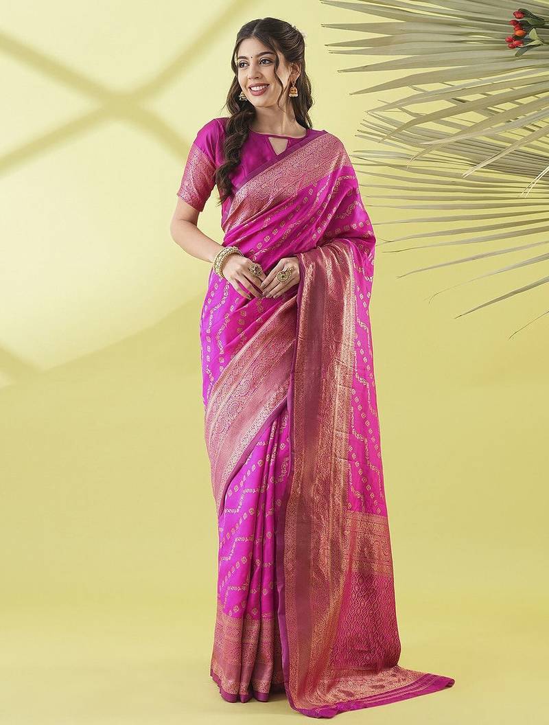 Pink pure silk woven zari work saree with blouse