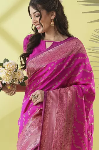 Pink pure silk woven zari work saree with blouse