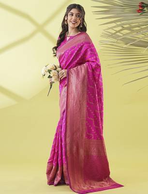 Pink pure silk woven zari work saree with blouse 3