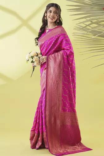 Pink pure silk woven zari work saree with blouse