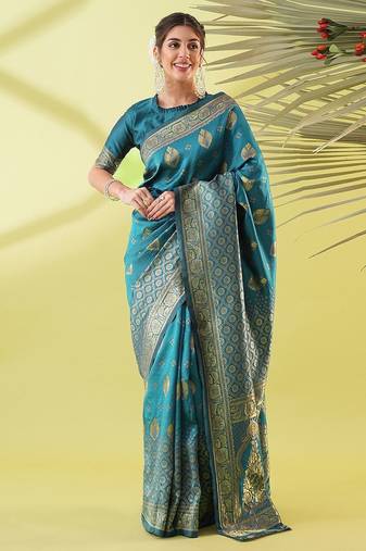 Light blue pure silk woven zari work saree with blouse