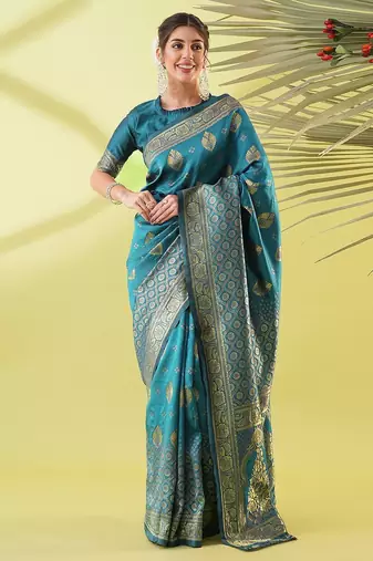 Light blue pure silk woven zari work saree with blouse
