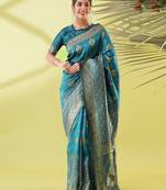 Light blue pure silk woven zari work saree with blouse