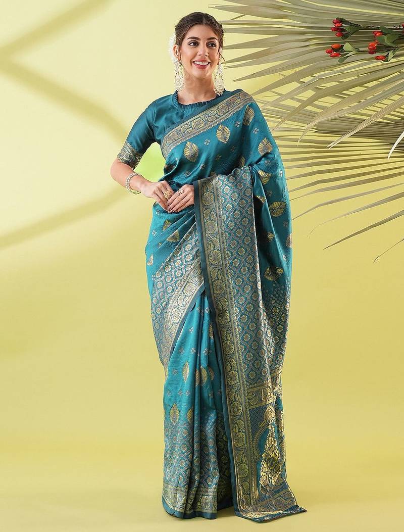 Light blue pure silk woven zari work saree with blouse