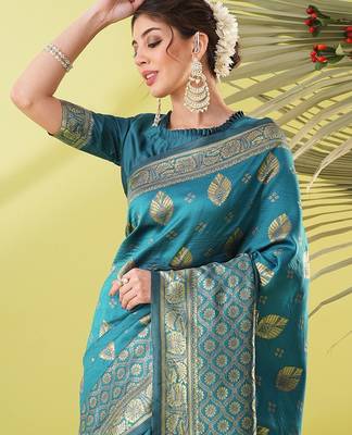 Light blue pure silk woven zari work saree with blouse 2