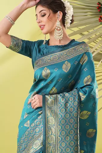 Light blue pure silk woven zari work saree with blouse