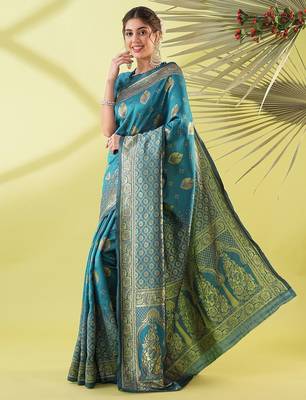 Light blue pure silk woven zari work saree with blouse 3