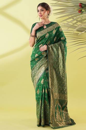 Green pure silk woven zari work saree with blouse
