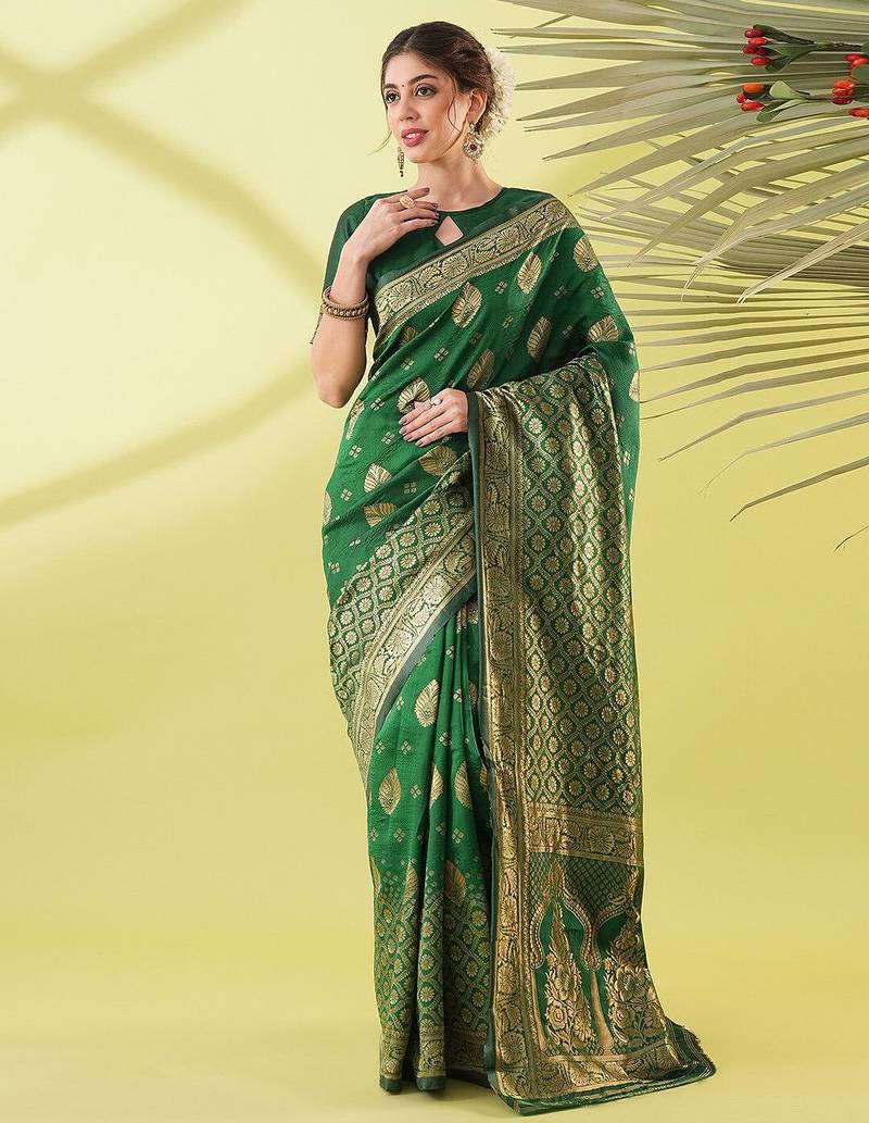 Green pure silk woven zari work saree with blouse