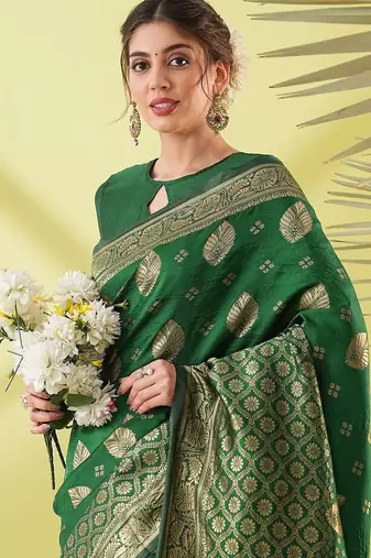 Green pure silk woven zari work saree with blouse