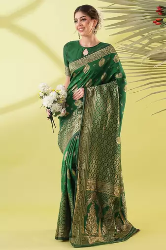 Green pure silk woven zari work saree with blouse