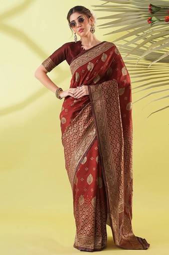 Maroon pure silk woven zari work saree with blouse