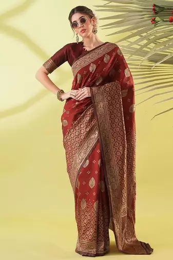 Maroon pure silk woven zari work saree with blouse