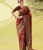 Maroon pure silk woven zari work saree with blouse