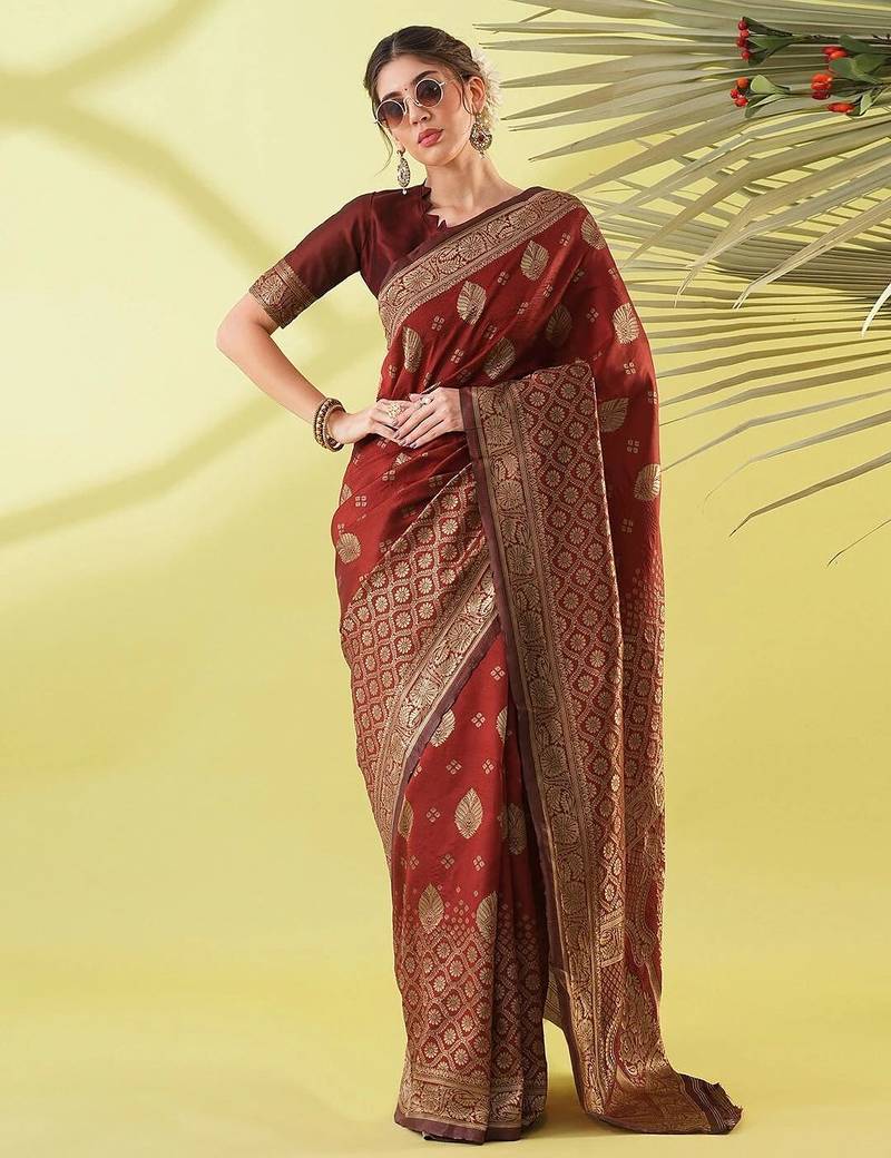Maroon pure silk woven zari work saree with blouse