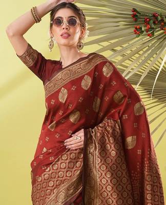 Maroon pure silk woven zari work saree with blouse 2