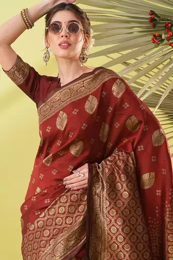 Maroon pure silk woven zari work saree with blouse