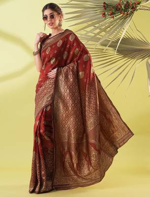 Maroon pure silk woven zari work saree with blouse 3