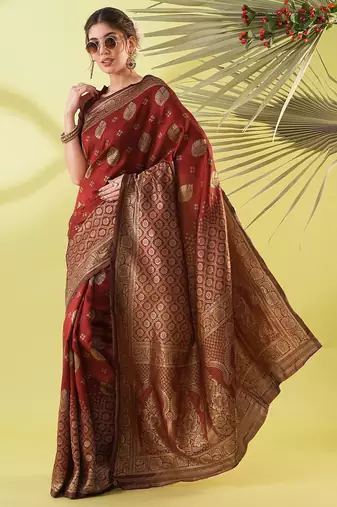 Maroon pure silk woven zari work saree with blouse