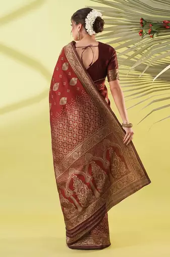 Maroon pure silk woven zari work saree with blouse