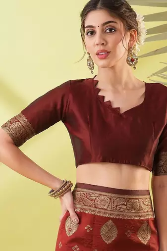 Maroon pure silk woven zari work saree with blouse