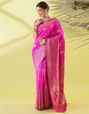 Pink pure silk woven zari work saree with blouse 1