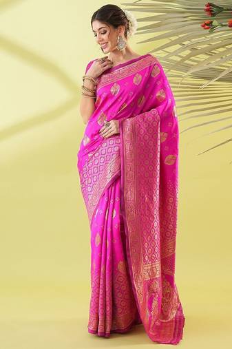 Pink pure silk woven zari work saree with blouse