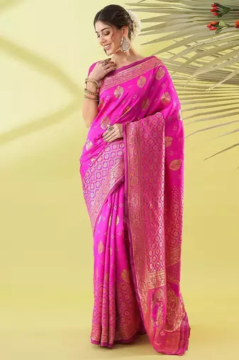 Pink pure silk woven zari work saree with blouse