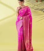 Pink pure silk woven zari work saree with blouse