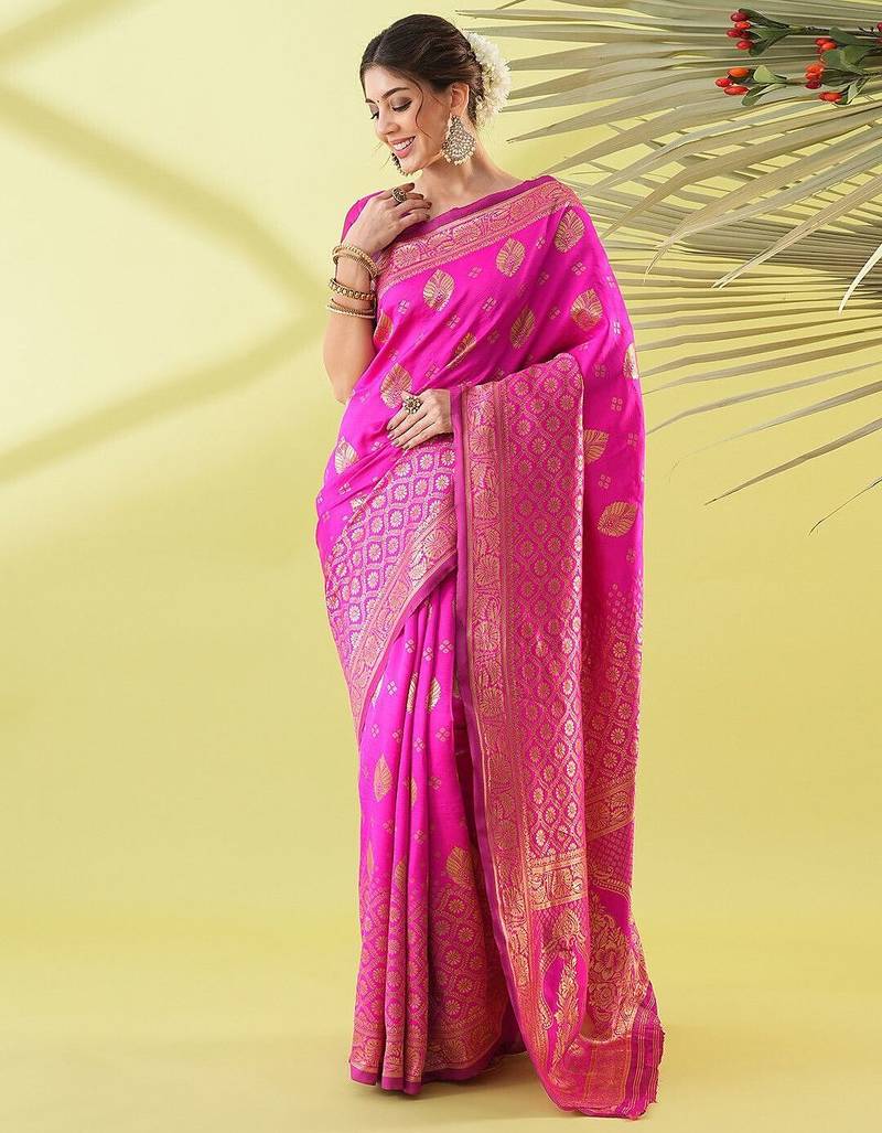 Pink pure silk woven zari work saree with blouse