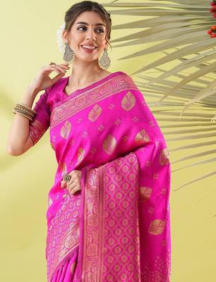 Pink pure silk woven zari work saree with blouse 2