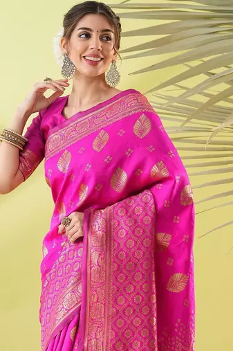 Pink pure silk woven zari work saree with blouse