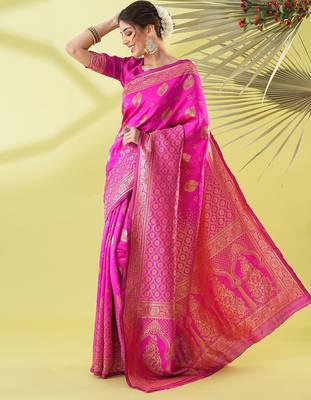 Pink pure silk woven zari work saree with blouse 3