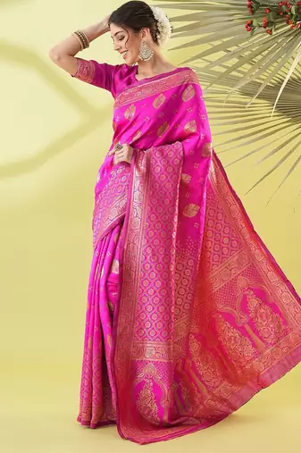 Pink pure silk woven zari work saree with blouse