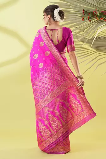 Pink pure silk woven zari work saree with blouse