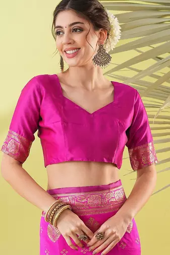 Pink pure silk woven zari work saree with blouse