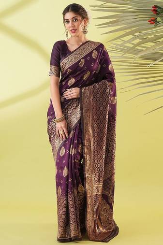 Magenta pure silk woven zari work saree with blouse