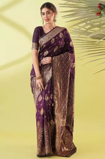 Magenta pure silk woven zari work saree with blouse