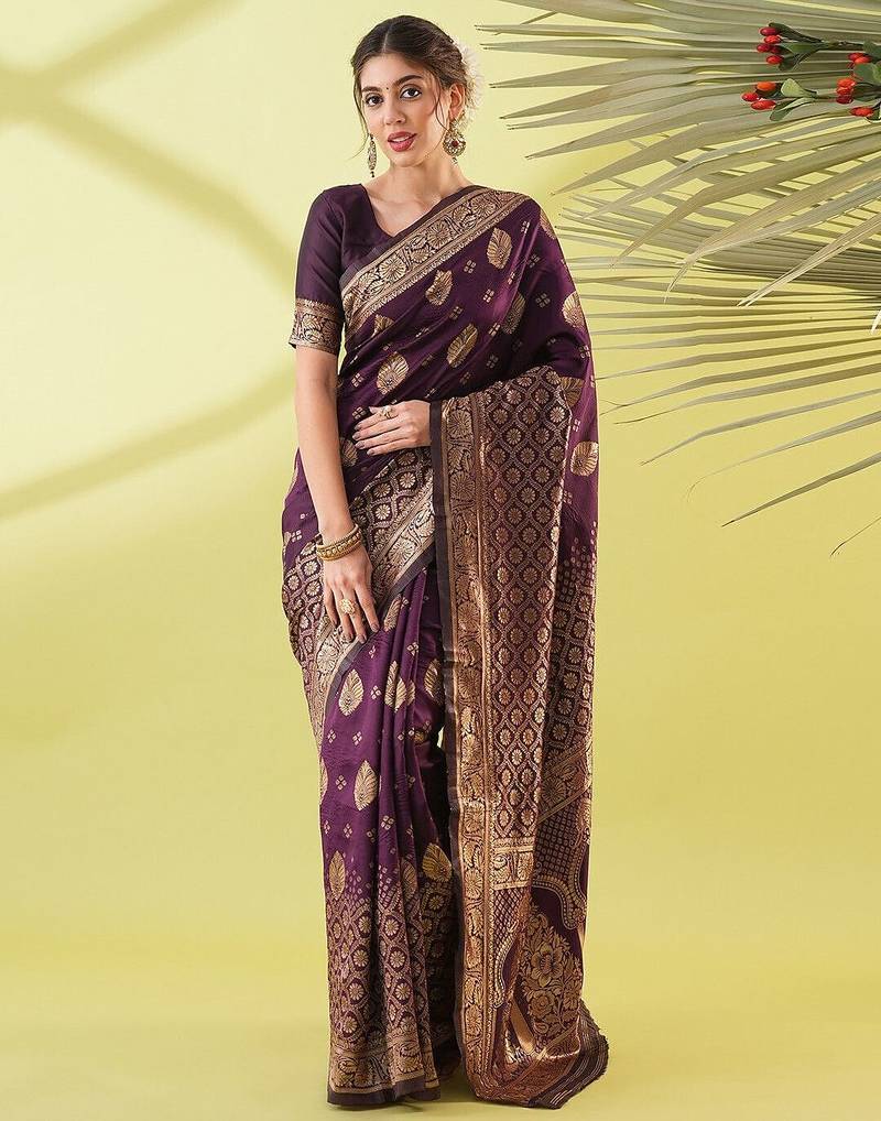 Magenta pure silk woven zari work saree with blouse