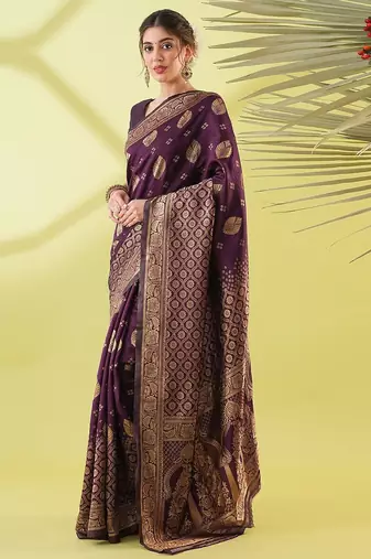 Magenta pure silk woven zari work saree with blouse