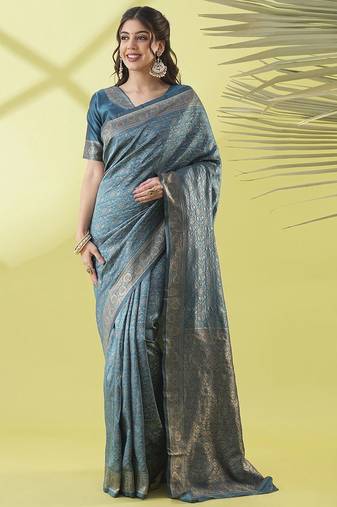 Light blue pure silk woven zari work saree with blouse