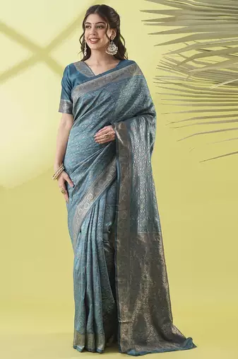 Light blue pure silk woven zari work saree with blouse