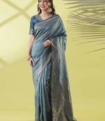 Light blue pure silk woven zari work saree with blouse