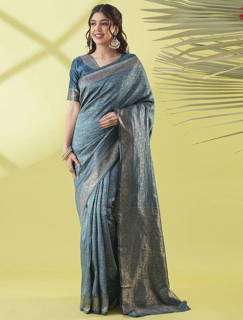 Light blue pure silk woven zari work saree with blouse