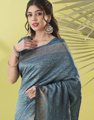 Light blue pure silk woven zari work saree with blouse 2