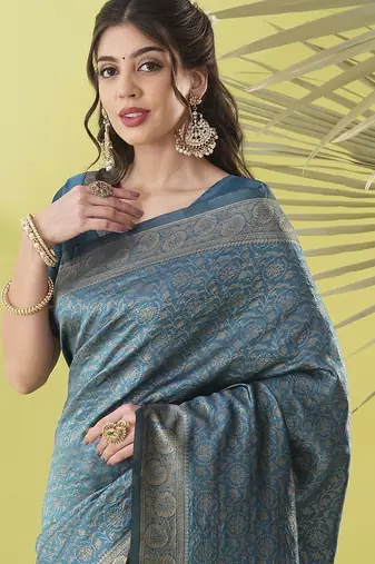 Light blue pure silk woven zari work saree with blouse